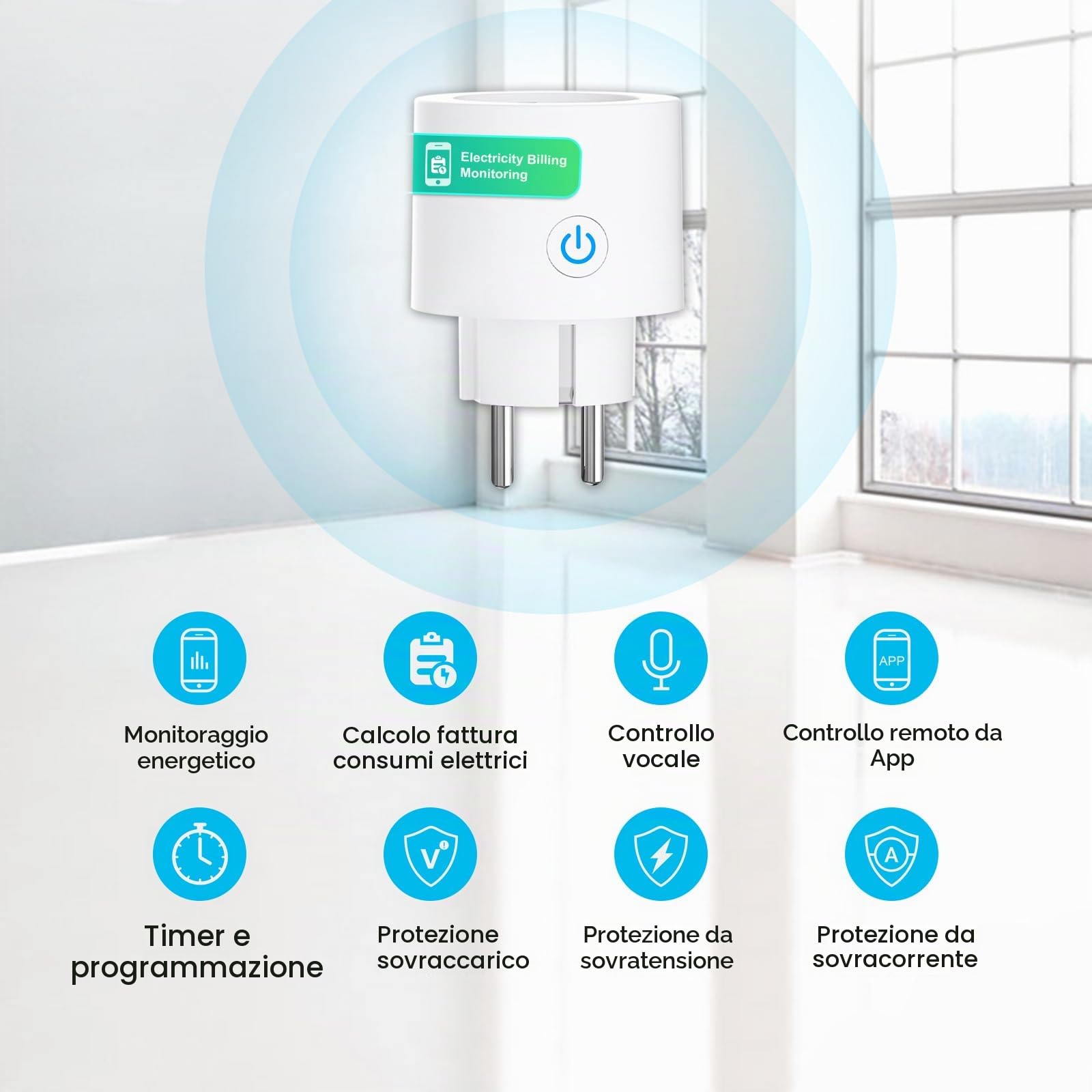 ANTELA Presa Smart con Misurazione dell'energia Elettrica Smart plug 16A | Type F, Monitoraggio delle Bollette, Controllo Vocale, Compatibile con Alexa e Google Home, Controllo APP, 4 Pz