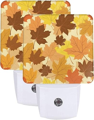 Paquete de 2 luces LED de noche enchufables con diseño de hojas de otoño de Acción de Gracias, luces nocturnas de emergencia con sensor automático,