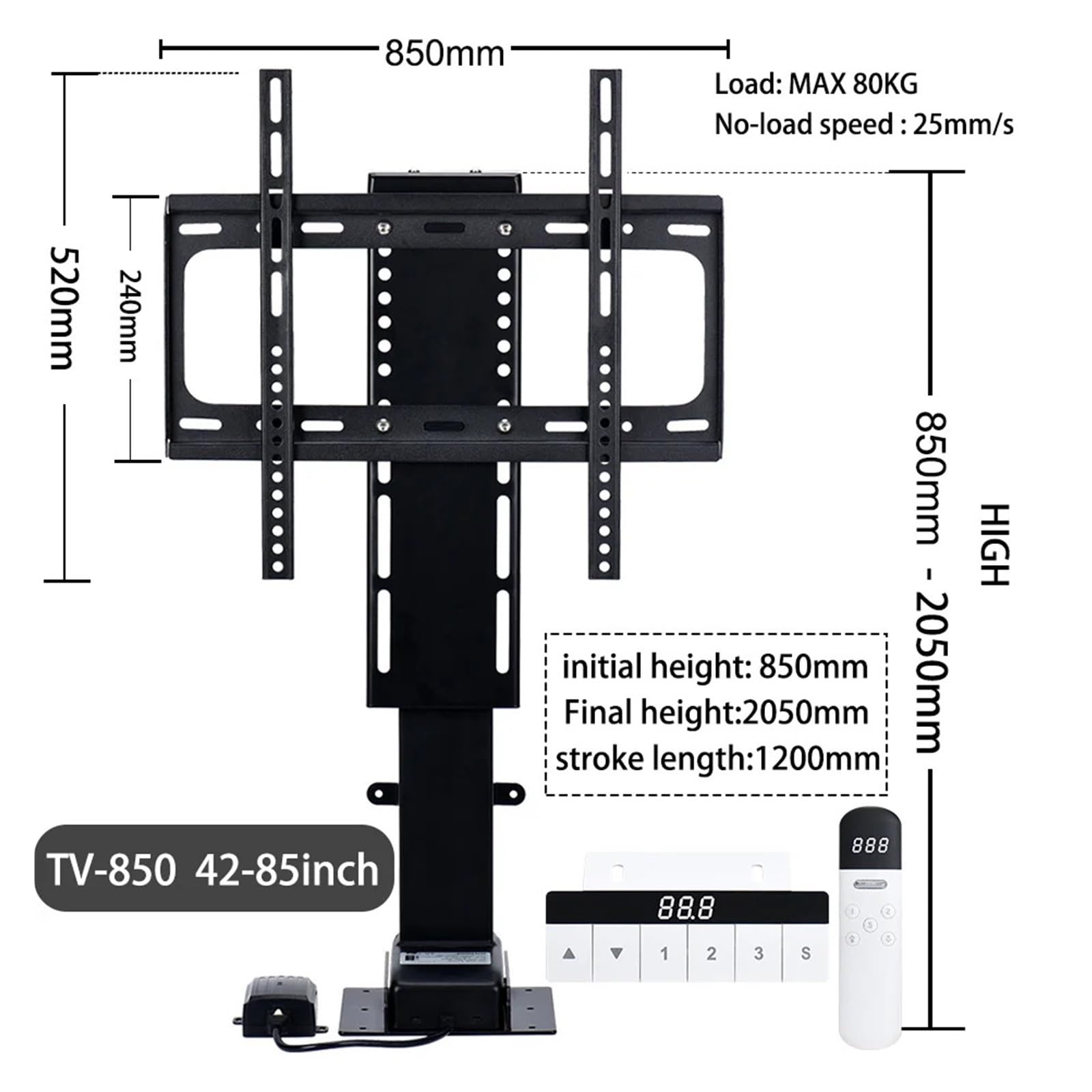 Ascenseur TV motorisé, compatible avec les téléviseurs de 81,3 cm à 254 cm, support TV réglable en hauteur et support mural pour télécommande et réglage de la mémoire (TV850 106,7 à 215,9 cm)