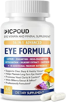 Neurobella Eye Formula, 16-in-1 Eye Vitamins and Mineral Supplement with Lutein 20mg, Zeaxanthin 4mg & Meso-Zeaxanthin 10mg, Astaxanthin, Omega 3, Bilberry & Saffron, Eye Health, 60 Capsules