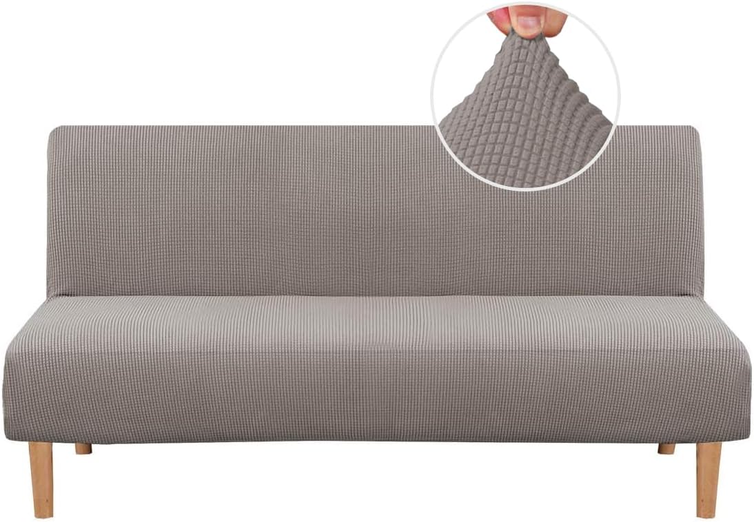 H.VERSAILTEX Armless Futon Cover Stretch Sofa Bed Slipcover Protector Elastic Feature Rich Textured High Spandex Small Checks Jacquard Fabric Futon Cover, Machine Washable, Taupe