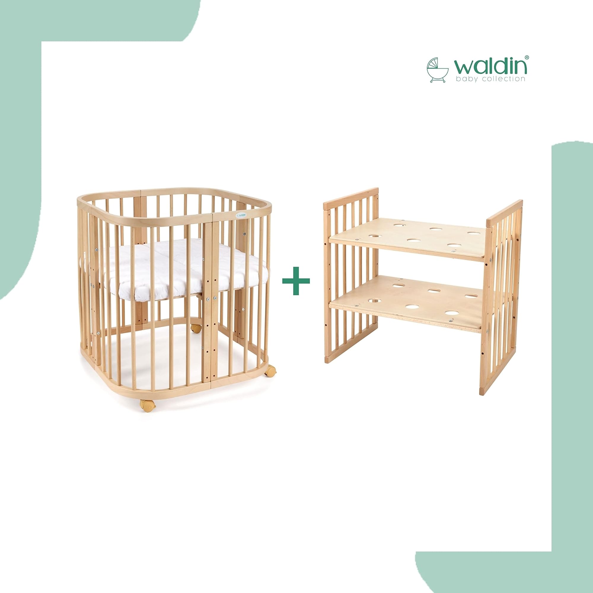 waldin Lettino in Legno 7in1, Materasso, Lettino Bambini Espandibile, Ventilato, Base Regolabile in 5 Posizioni, Set Tutto Completto, Naturale