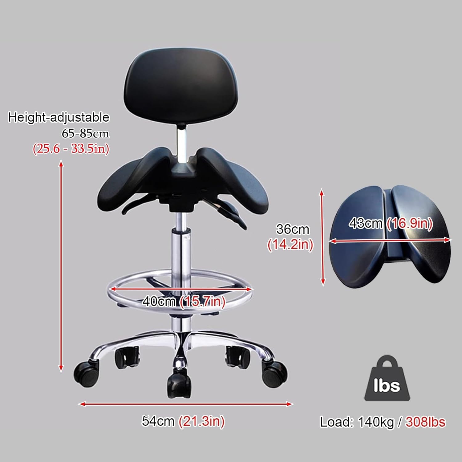 TUJOBA Saddle Chair Office Rolling Saddle Chair, Split-Seat Saddle Stool with Backrest and Footrest, Saddle Ergonomic Stool for Pharmacy/Hospital/Clinic/Lab(65-85cm (25.6-33.5in))
