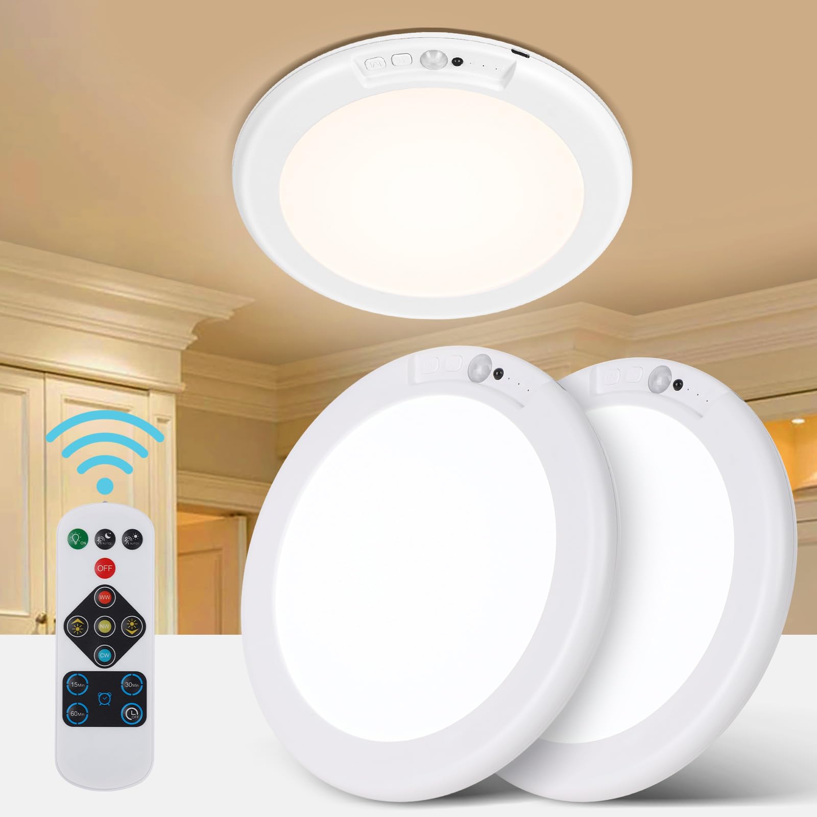 2 Pack Rechargeable LED Ceiling Lights Motion Sensor Bathroom Light,USB Battery Operated Ceiling Light for Kitchen Hallway Toilet Bedroom Magnetic Mount,Remote Control,19cm