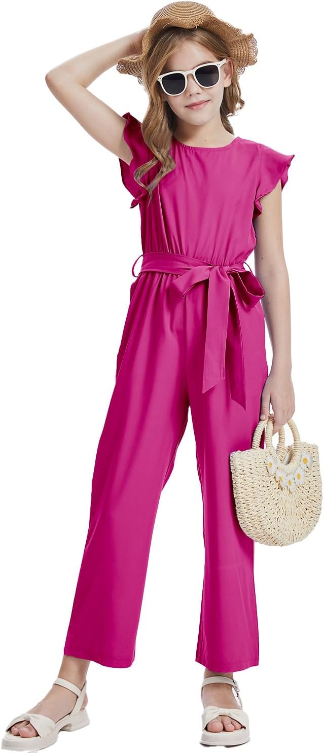 Girls Casual Jumpsuit Kids Fashion Cap Sleeve Belted Wide Leg Romper One Piece Outfits with Pockets - Image 5