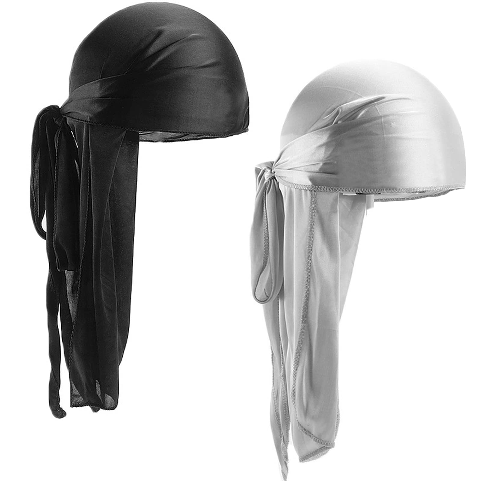 Colexy 2 Piezas Durag de Seda Gorro de Onda Elástico Envoltura de Cabeza con Cola Larga Correas Anchas Unisex Poliéster Turbante Sedoso Durag de Onda Transpirable Pirata Cap de Hombres Mujeres