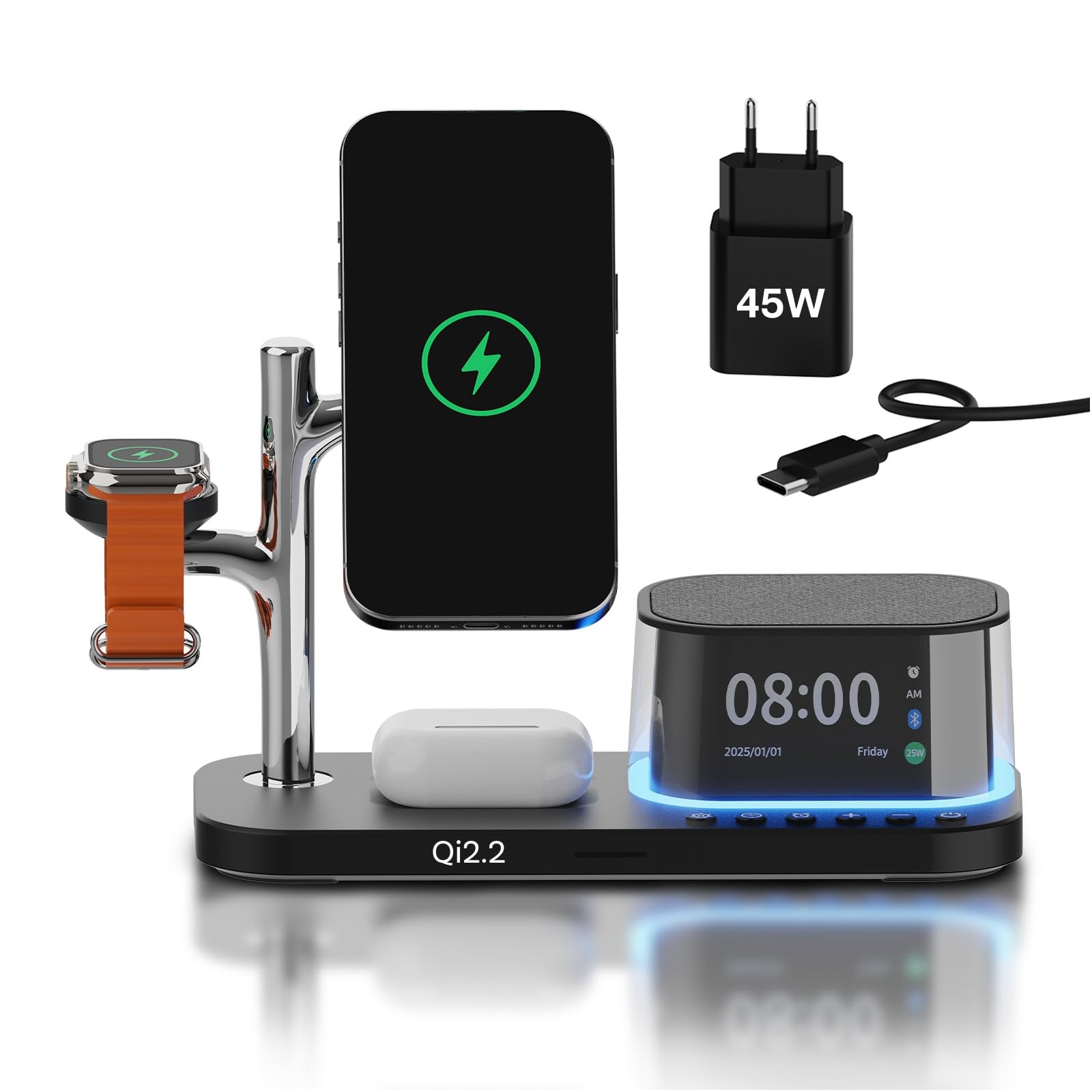Ładowarka Bezprzewodowa 5 w 1 z Budzikiem, Głośnikiem Bluetooth i Lampką Nocną LED do MagSafe by MMOBIEL – Magnetyczna Stacja Ładująca Qi2.2 25W do iPhone, Apple Watch i AirPods – Czarny