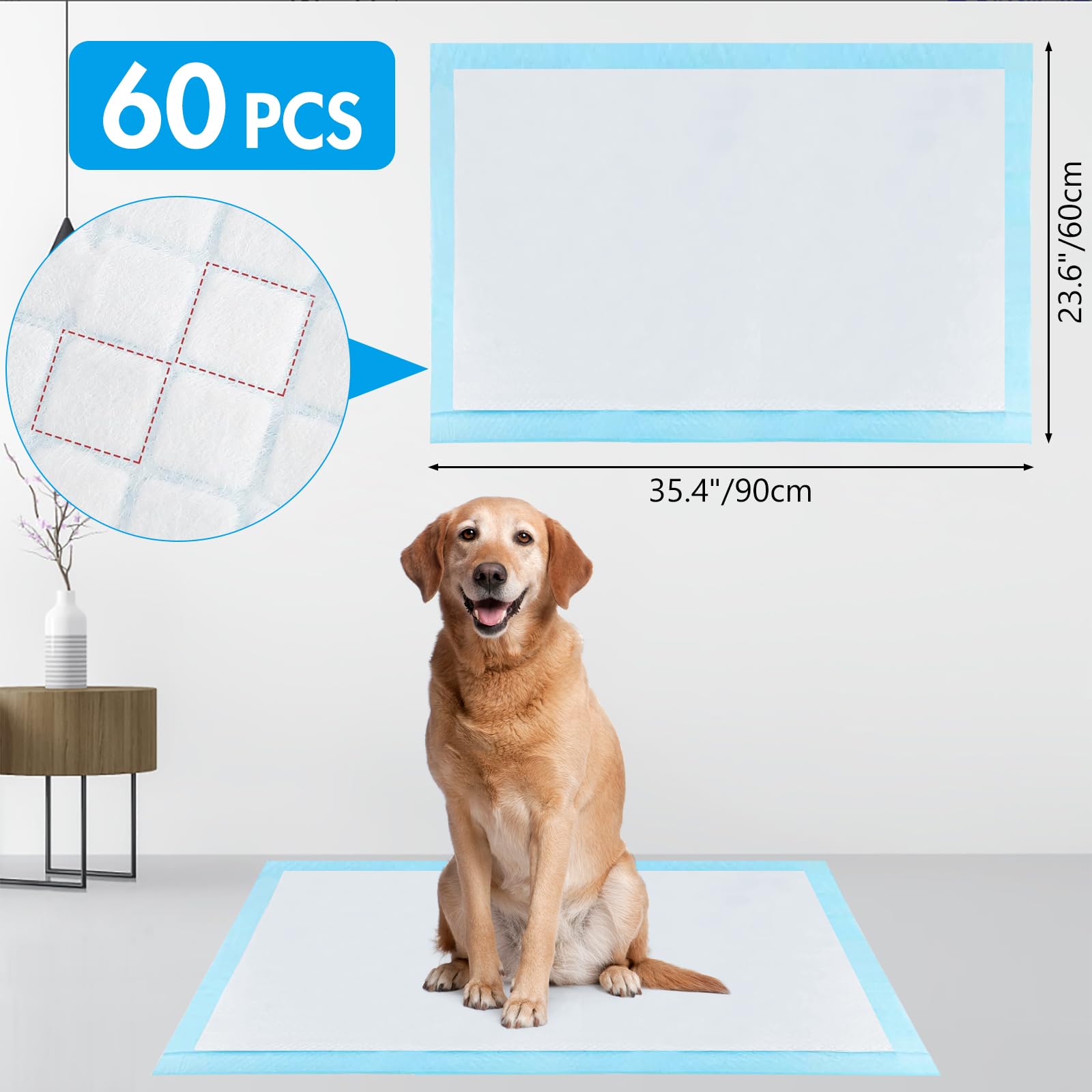 60 Piezas Empapadores Perros, 90 x 60cm Almohadillas Absorbentes, Almohadillas de adiestramiento de Perros y Cachorros, Superficie de Secado Rápido