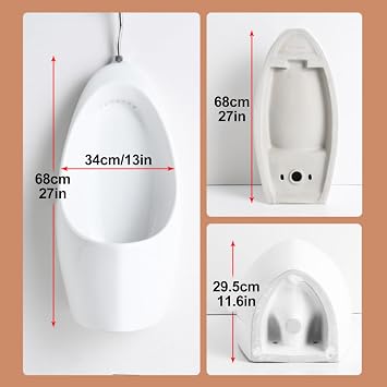 Wall Mounted Urinal for Men - Ceramic Manual Flush Valve, Spill Proof Design for Bars, Bathrooms, Hotels, and Shops