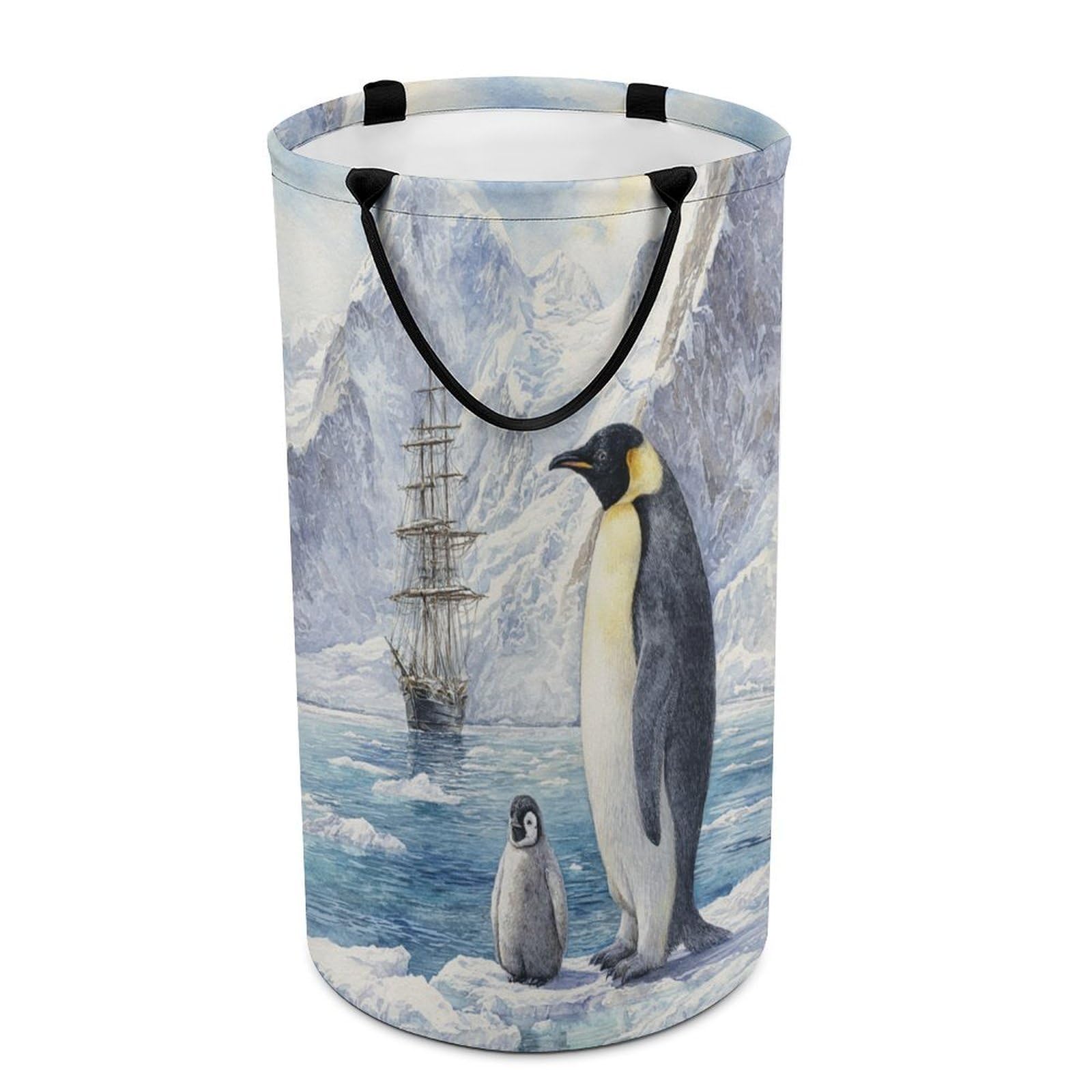 LUYYSKY Vintage Abstract Cute Penguin Collapsible Dirty Clothes Basket, Retro Watercolor Antarctic Pirate Ship Animal Penguin Portable Clothes Storage Basket