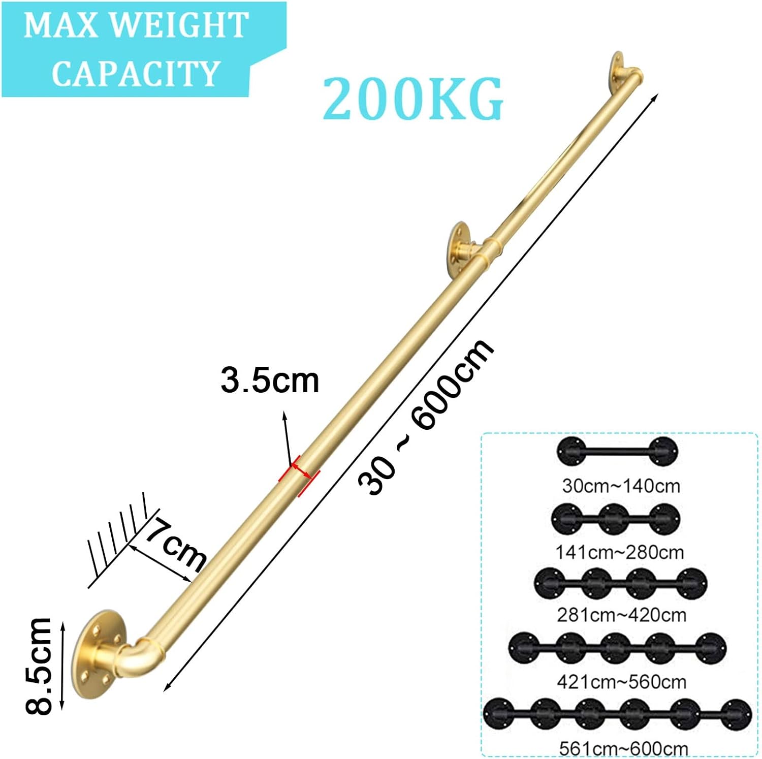 MObyat Stairs Handrail for Indoor Steps Staircase Handrail Banister Wall Mount Metal Wrought Iron Grab Rail Support Kit Gold Steps Hand Rail Home Decoration/4Ft/120Cm