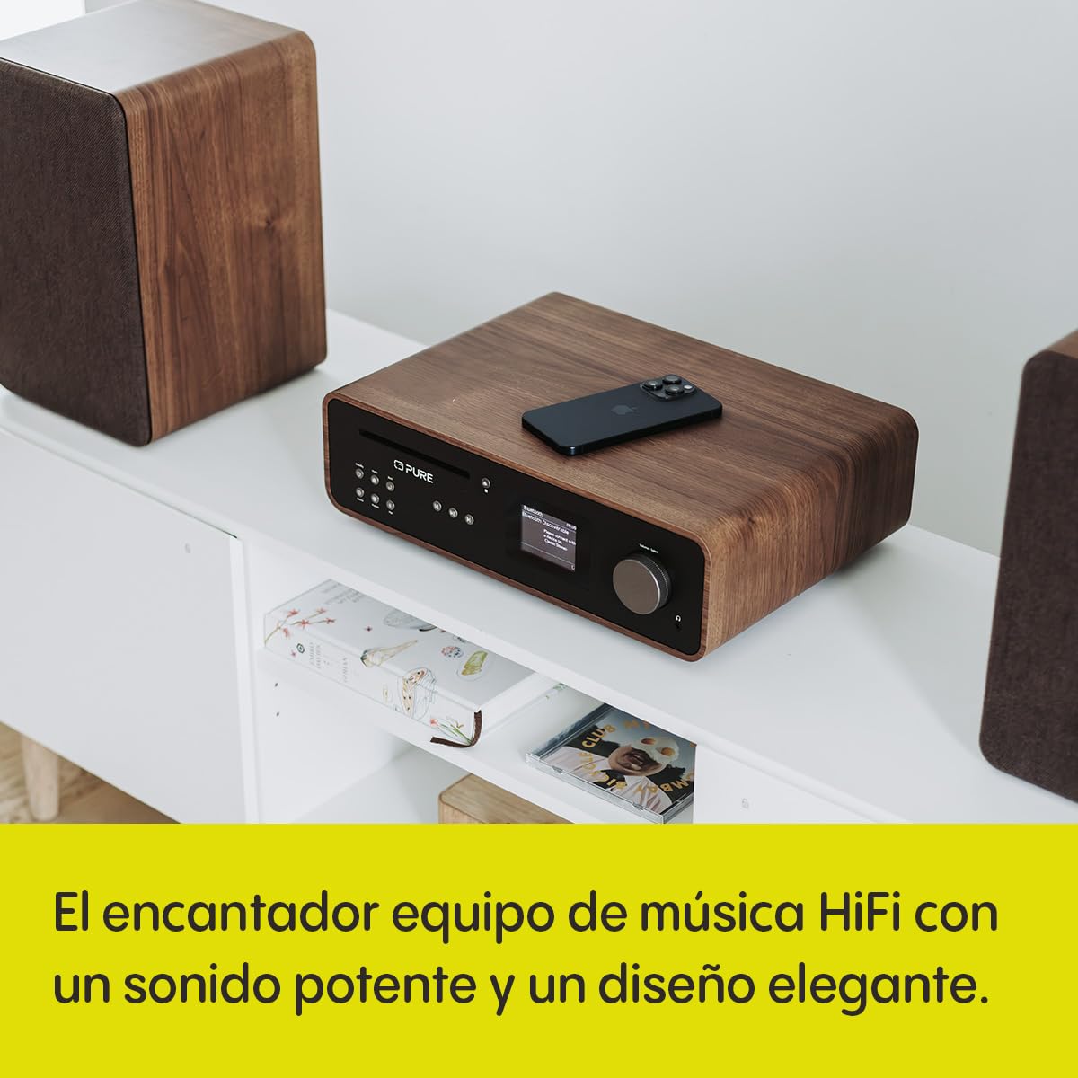 Pure Sistema de música HiFi estéreo clásico - Radio Internet, Dab+/FM, Bluetooth 5.2, Reproductor de CD, USB, Spotify Connect, AUX, Entrada óptica, Sonido Estéreo 100W - Coffee Black/Walnut
