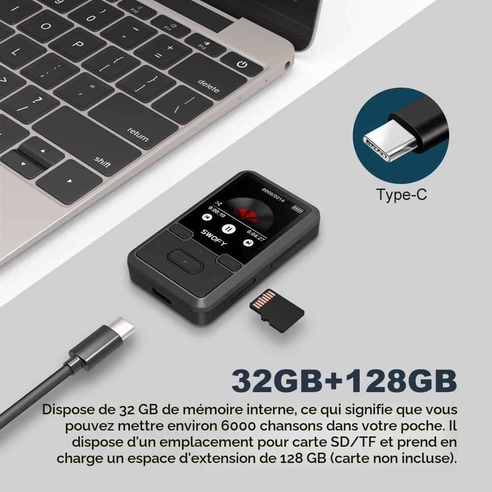 SWOFY Lecteur MP3 Bluetooth 5.0 avec clip sport, lecteur de musique mini portable 32 Go avec écouteurs, radio FM, compteur de pas, enregistrement vocal, prend en charge une carte SD jusqu'à 128 Go