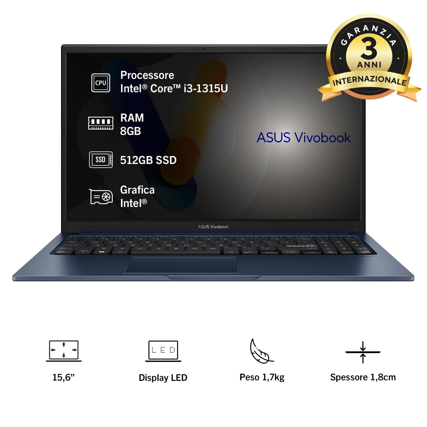ASUS Vivobook 15 F1504VA#B0F2HV6KK9, Notebook con Monitor da 15.6" Anti-glare, 60Hz, Intel® Core™ i3-1315U, RAM 8GB, 512GB SSD, Windows 11 Home, Blu