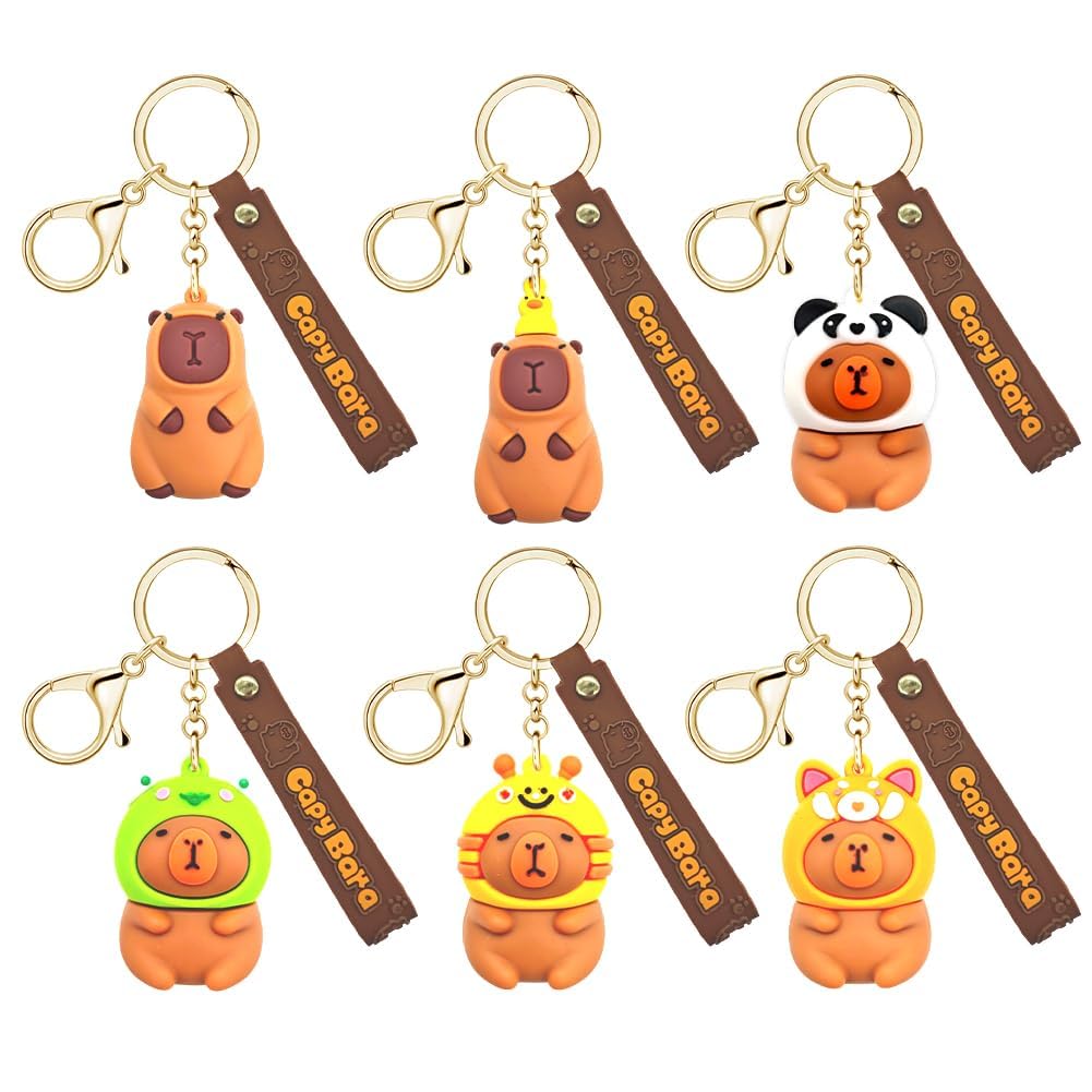 Vexthorion Unisex Kids Brown Capybara Keychains Keychains 6Pcs,Capibara Figure Keyring,Funny Cute Animals Doll Silicone Key Chain,Small Pendant Soft Glue Animal Accessories For Bag, Schoolbag, Handbag