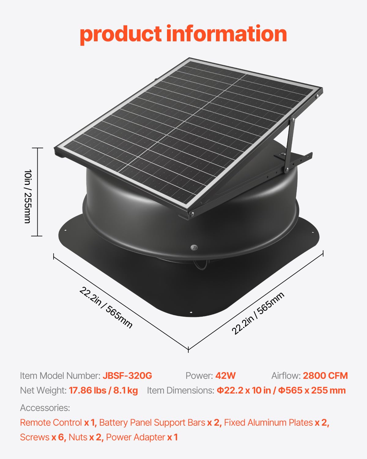 VEVOR Ventilador de Techo para Ático Solar Inteligente de 42 W con Termostato, Control Remoto, Flujo de Aire de 2800 CFM, Motor de CC sin Escobillas Incorporado para Refrigeración, Φ565 x 255 mm