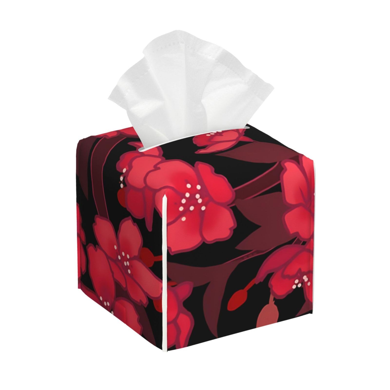 Red Hanahaki Cherry Blossom Floral Tissue Box Cover 5" Square Leather Tissue Holder Facial Tissue Case for Tabletop Bedroom Bathroom Desk Decor
