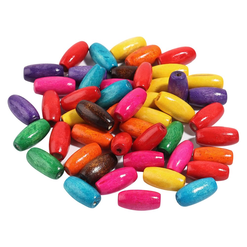 HugeDE 200 Pcs 8x22mm Natural Wooden Oval Beads Colorful Wood Beads Hair Braid Beads Colored Loose Spacer Beads Cute Craft Beads Macrame Crafting Beads for Bracelet Jewelry
