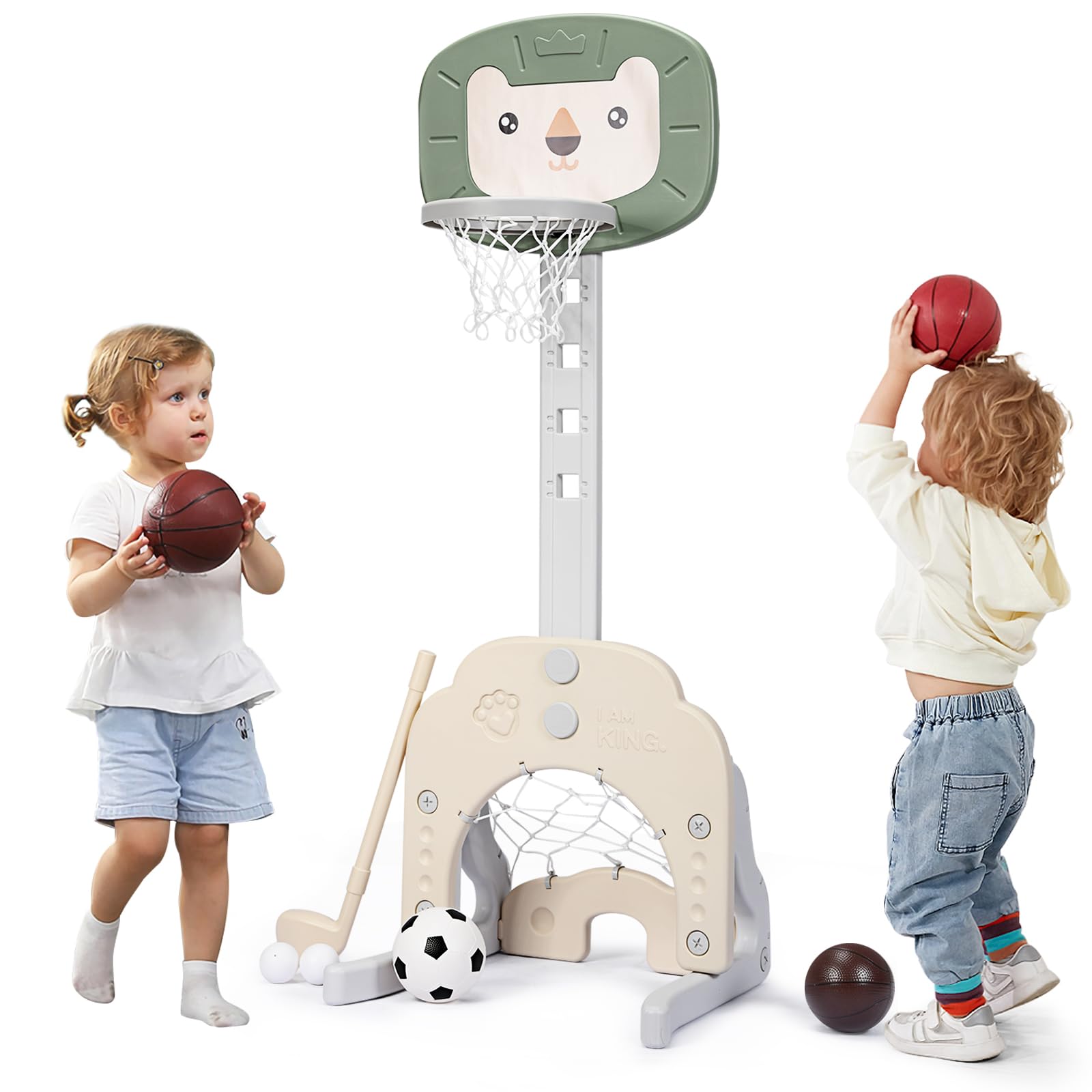 HOMASIS 3 in 1 Kinder Basketballkorb Set, multifunktionaler Basketballständer mit Fußballtor & Golf für Kleinkinder, höhenverstellbarer Basketballkorb mit Ständer inkl. Bälle & Golfschläger