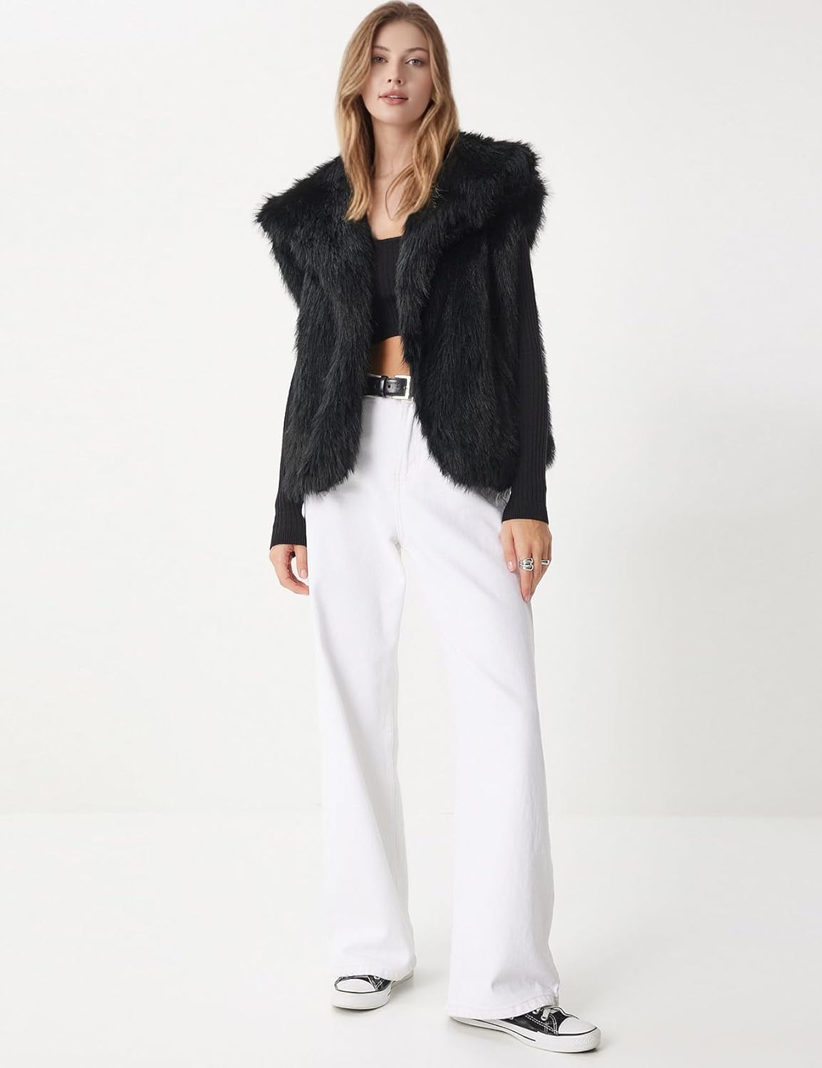 COZYPOIN Womens Faux Fur Vests Sleeveless Lapel Furry Jacket Fluffy Open Front Cardigan Winter Cropped Fur Vest Outerwear - Image 3