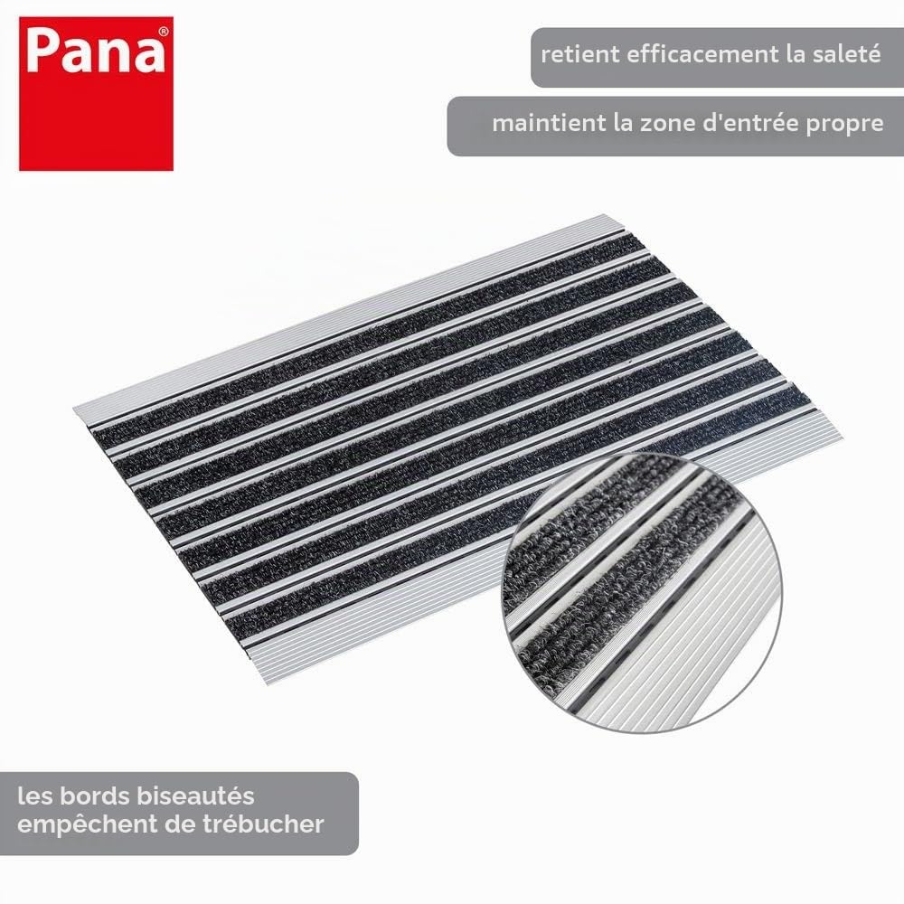 PANA® Grand paillasson en Aluminium - avec Insert grattant - 42 x 60 cm | Paillasson avec bandes en feutre aiguilleté - Pour intérieur et extérieur - Cadre aluminium robuste