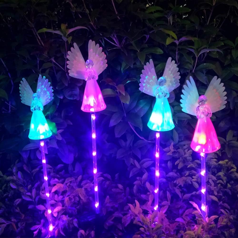 RHAIQBVC 4PCS Solar Garden Lights Outdoor Waterproof Solar Angel Stake Lights with Luminous Lamps Wings Multi-Color Changing LED Light for Outdoor Garden Patio Christmas Party Yard Decorative (4PCS)