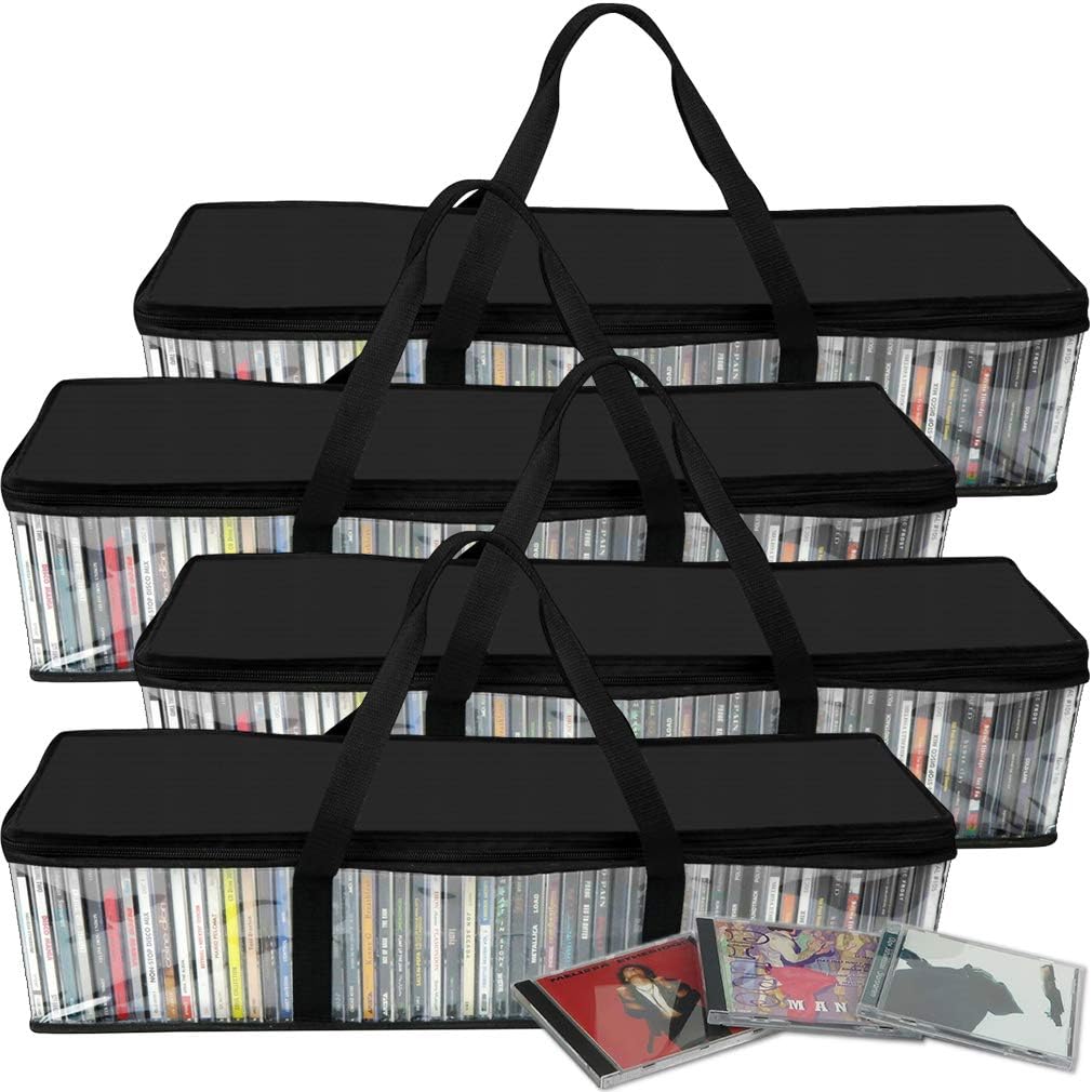 EvelotsCD Storage Bags (4 Pack) - Clear PVC Plastic & Polyester Case with Zipper - Holds 200 CDs Total - Strong Black Handles - Protects Media from Dirt & Moisture