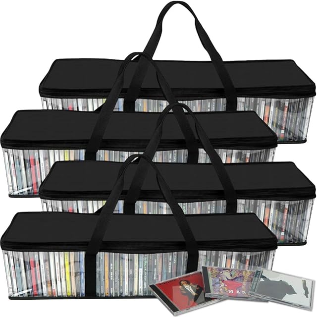 Evelots 4 Pack CD Storage Bags, Clear PVC Plastic-Holds 200 CDs Total-Strong Handles-Protects from Dirt/Moisture