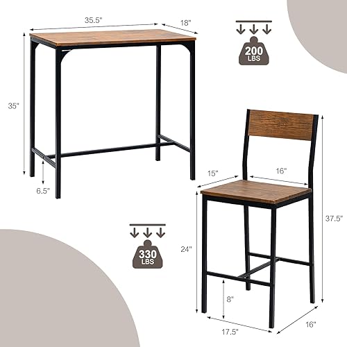 Miniatura 6 de COSTWAY Juego de mesa de bar de 3 piezas, juego de mesa de pub con marco de acero resistente, moderno juego de mesa y silla de estilo industrial