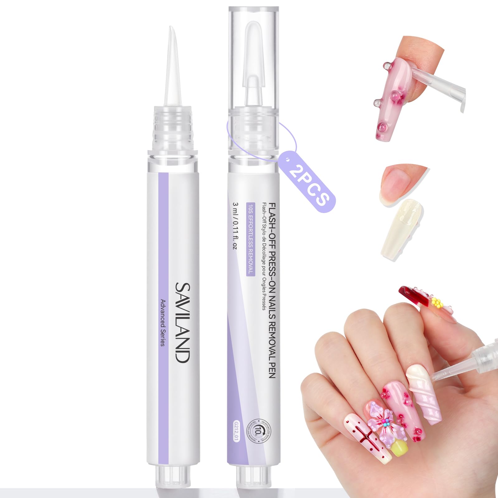 SAVILAND Advanced Press On Nail Polish Remover Pen: 10-sekundowy, bezproblemowy zmywacz do kleju do paznokci, 2 sztuki Click & Remove Nail Glue Remover do paznokci Press On