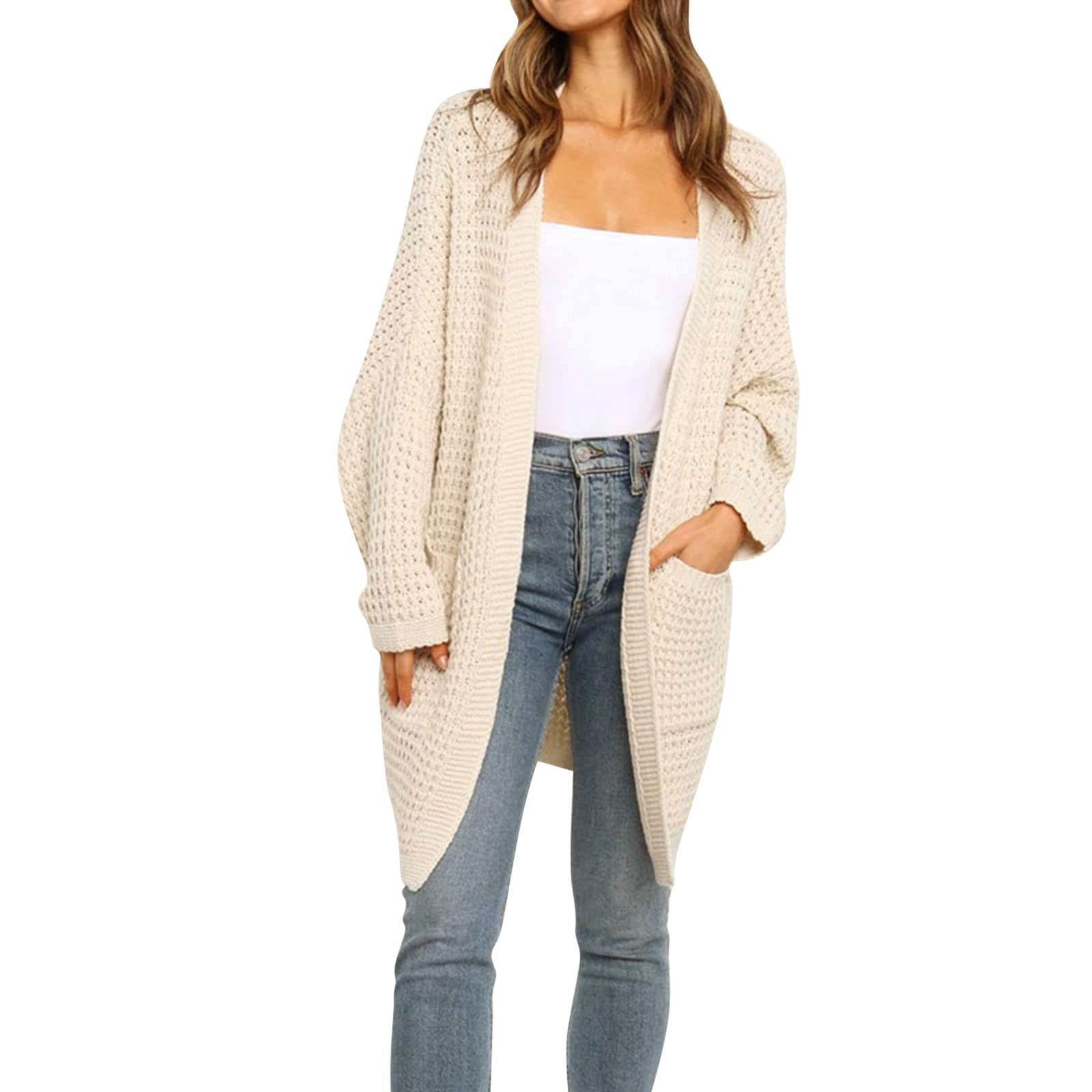 Damen Strickjacke Beige - Langer Cardigan Mit Knöpfen & Taschen