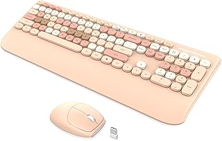 Colorful Computer Wireless Keyboard Mouse Combo, PINKCAT Typewriter Flexible Keys Office Full-Sized Keyboard with Palm Rest, 2.4G Silent Optical Mouse with USB Receiver for Laptop, PC, Mac - Milk Tea