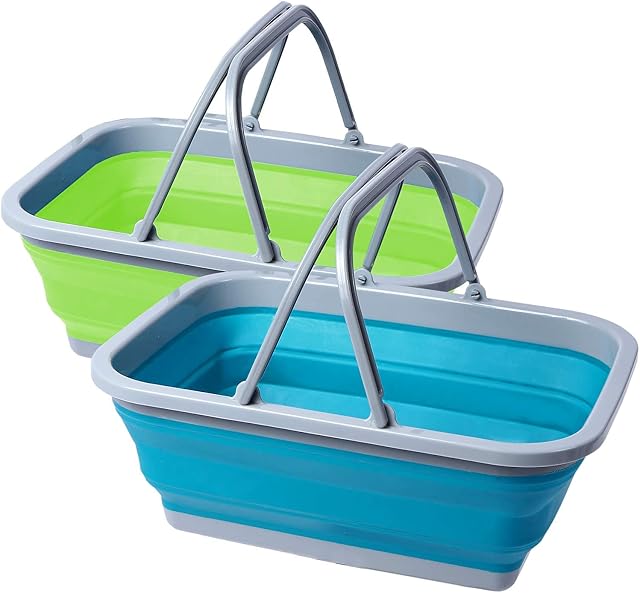 REDCAMP 2 Pack Collapsible Washing up Bowl with Handles,Portable Camping Sink Folding Wash Basin with Handle for Camping Hiking and Home,Blue & Green - 9L