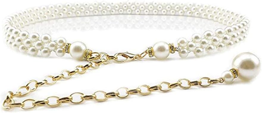Ya JinWomen's Fashion Pearl Decorative Metal Waist Chain, White, Size 100cm