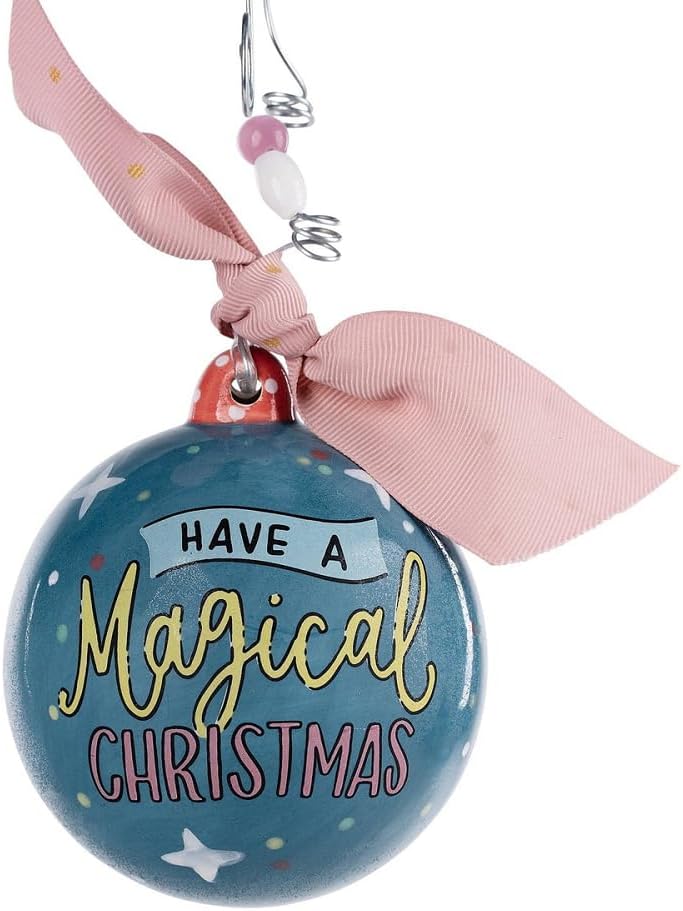 Glory Haus Magical Christmas Ornament - Unique Unicorn Santa Hand-Painted Ceramic Ornament for Christmas Tree Decor, Decorations, and Collectible Ornaments, Teal Blue Christmas Ball with Pink Ribbon