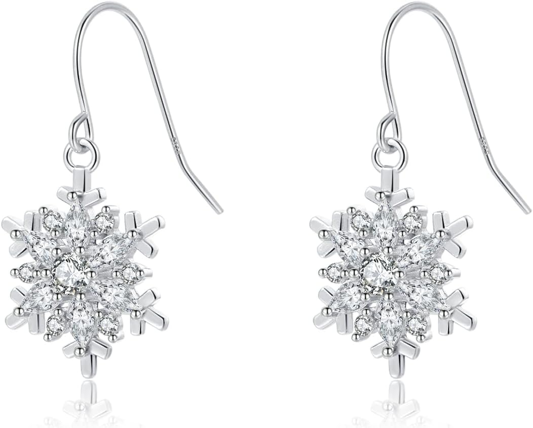 SLUYNZ 925 Sterling Silver Christmas Snowflake Dangle Earrings for Women Teens CZ Snowflake Drop Earrings Dangle