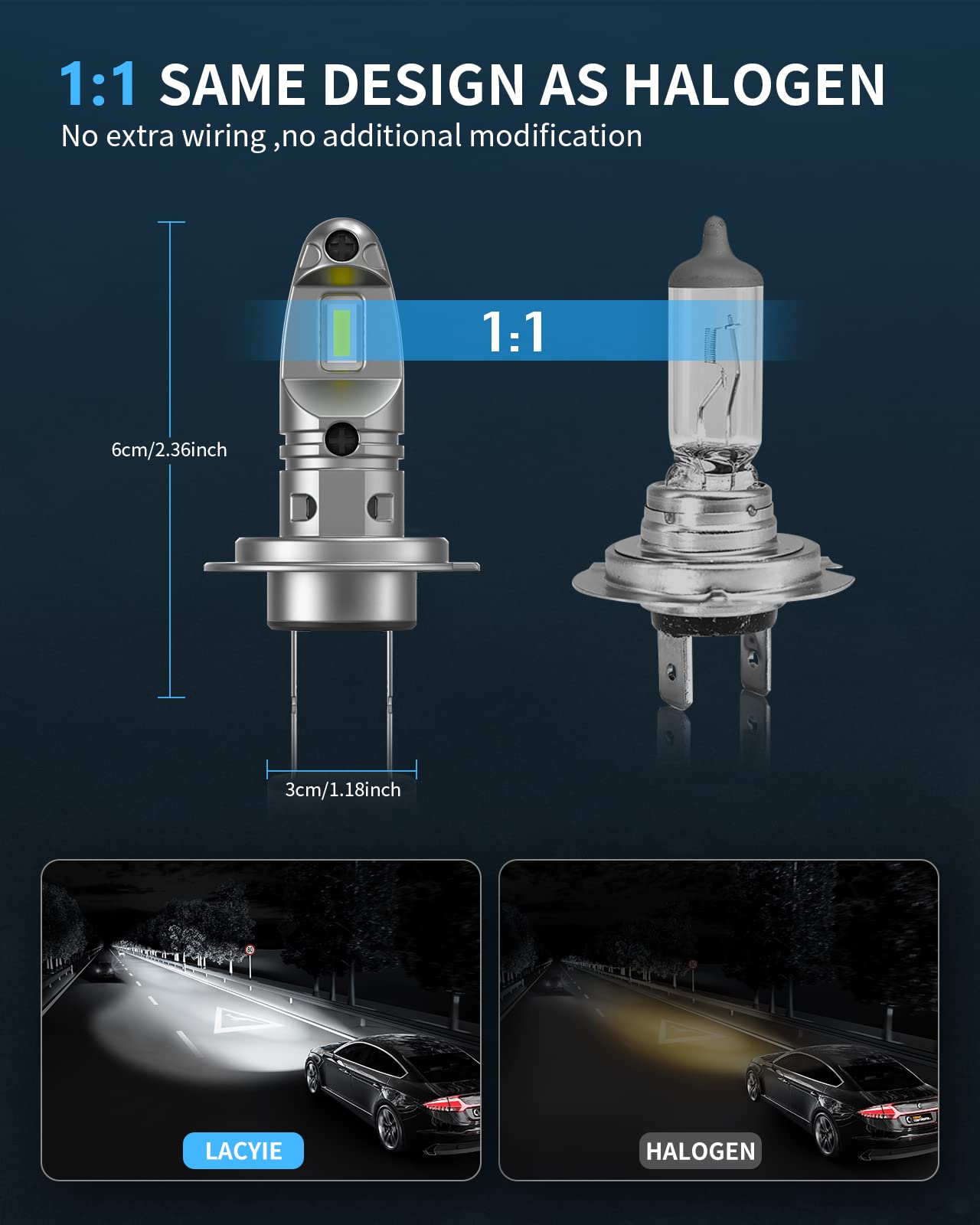 Bombilla H7 LED Coche, Lacyie 12000LM Xenon Blanco 6000K 12V Faros Delanteros Bombillas para Moto,IP68 Impermeable Faros Reemplazo de Halógena y Kit Xenón Garantía de 2 años