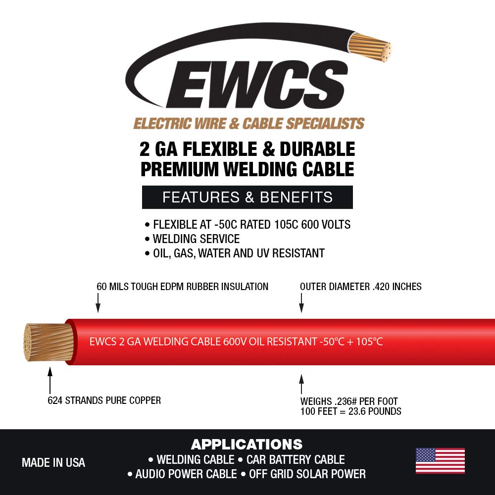 EWCS - Cable de soldadura extra flexible de calibre 2 (600 V, 25 pies), color rojo