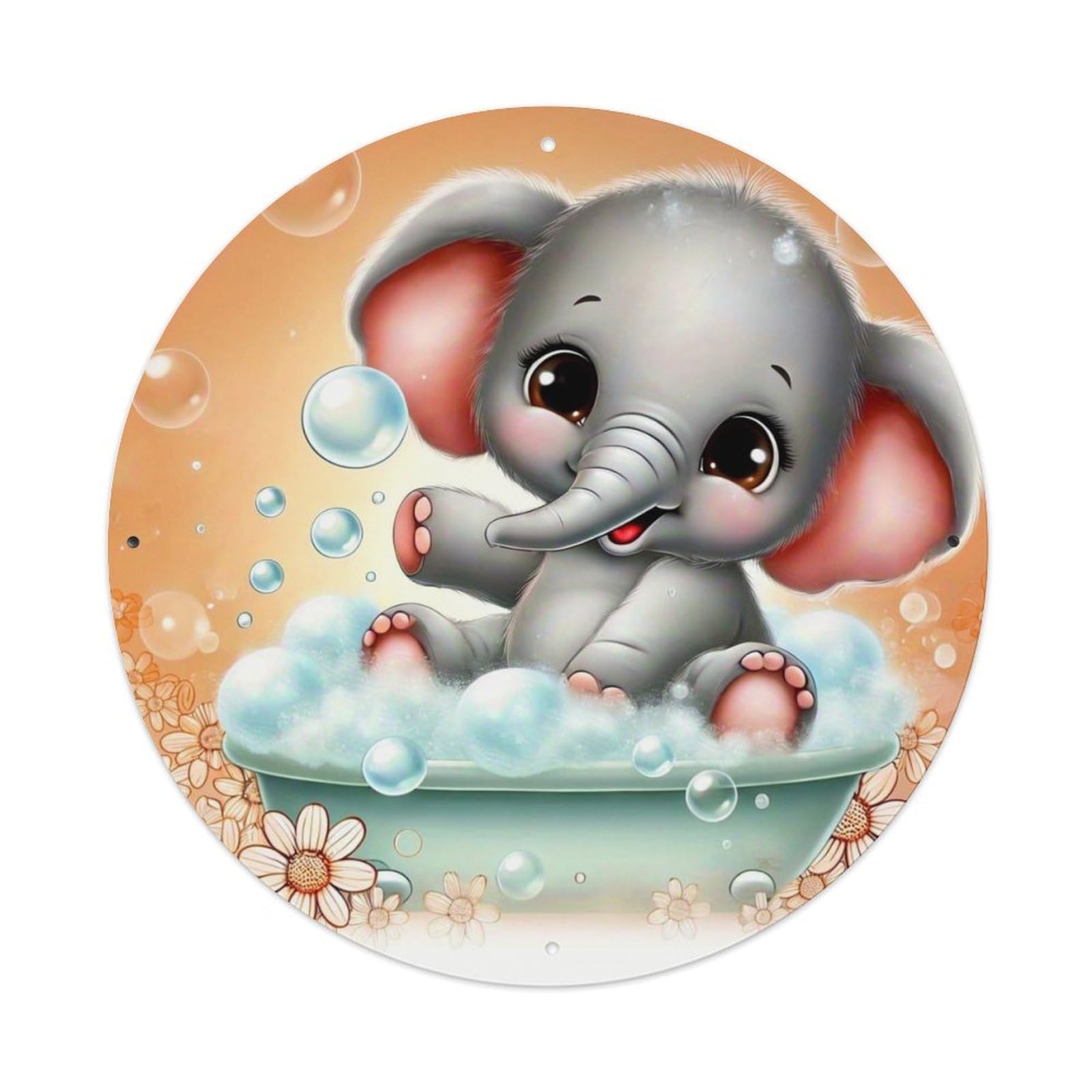 Cute Elephant Bath Time Bubble Vintage Metal Tin Sign Retro Wall Decor for Home Bar Garage Cafe, Indoor & Outdoor Decorative，circle Metal Poster, 8x8 Inch