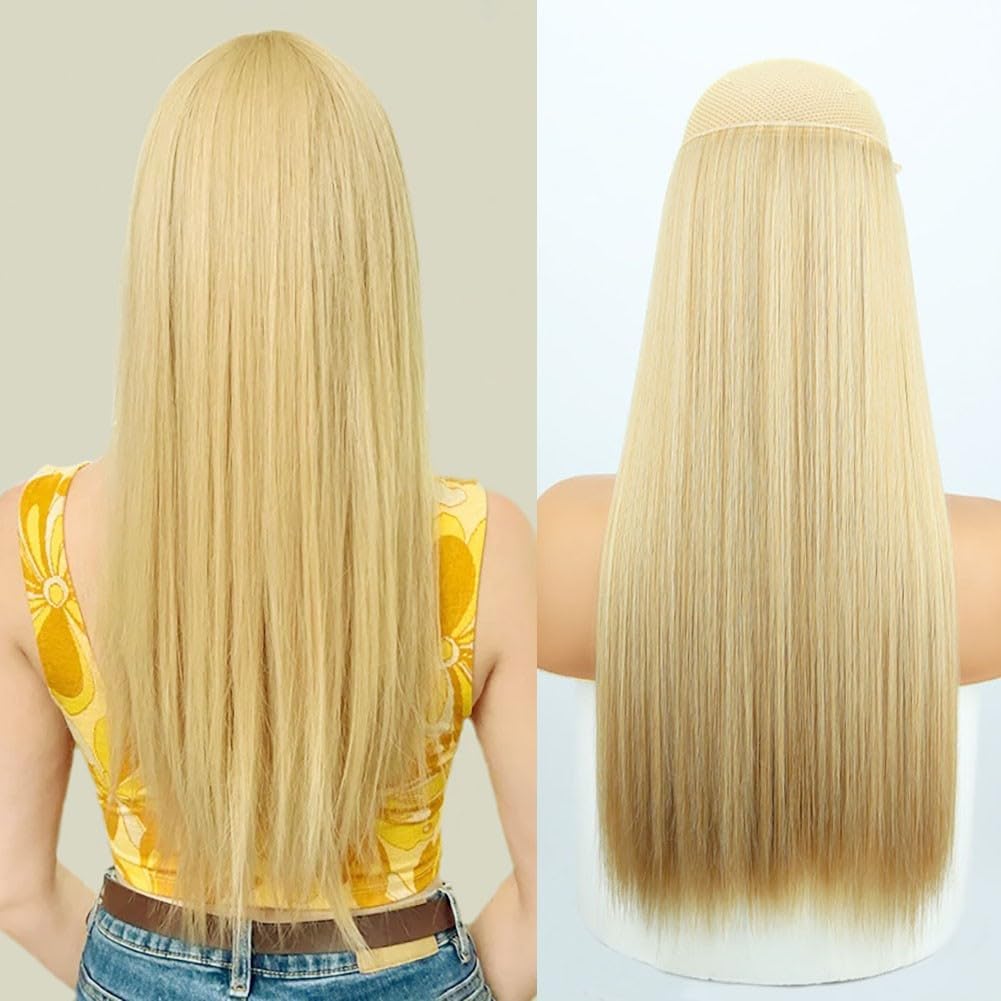 Invisible Wire Hair Extensions 22inch Natural Synthetic Hairpiece with Transparent Seamless Fish Line Hidden Straight Hair Piece (1B#)