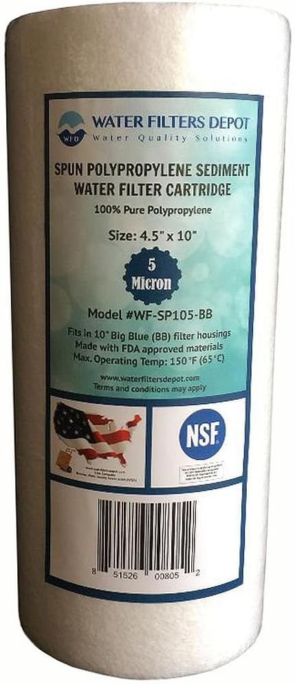 WFD, WF-SP105-BB 4.5"x10" 5 Micron Sediment Water Filter Cartridge, Spun Polypropylene, Fits in 10" Big Blue (BB) Housings of Filtration Systems for Whole House (1 Pack)