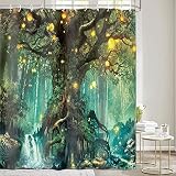iTapnoom Fantasy Green Tree Shower Curtain, Forest Fairy Tales Lanterns Waterfalls Nature Woodland B