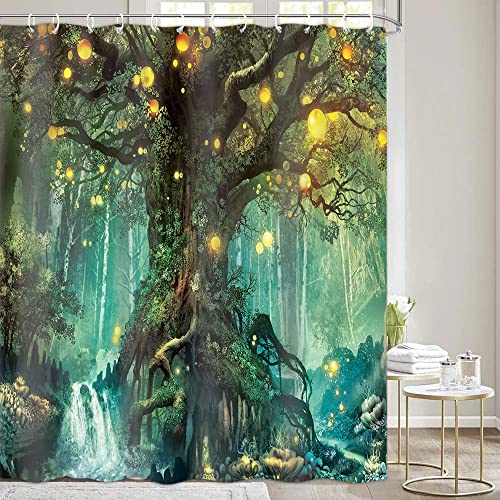 Itapnoom Fantasy Green Tree Shower Curtain, Forest Fairy Tales Lanterns Waterfalls Nature Woodland Bathroom Accessories Set, Waterproof Machine Washable Fabric With 12 Hooks, 72 X 72 Inch #TOP29
