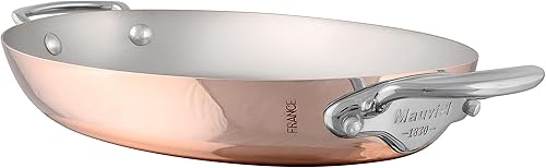 Mauviel M'150 S - Sartén ovalada de cobre pulido y acero inoxidable con asas de acero inoxidable fundido, 9.8 pulgadas, fabricada en Francia