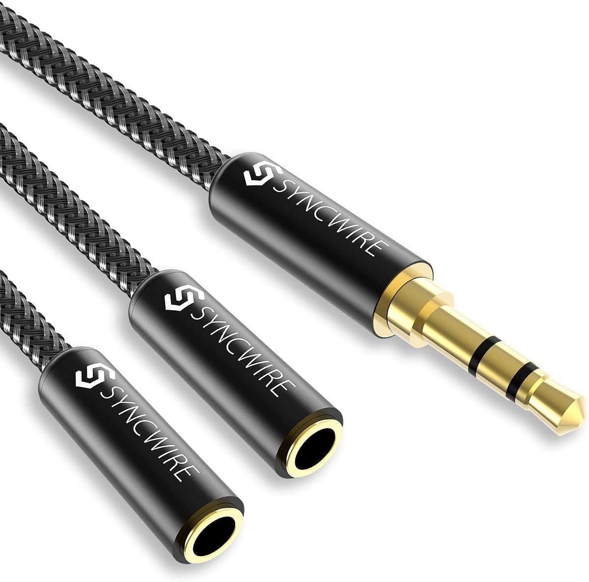 Headphone Splitter, 3.5mm Nylon-Braided Male to 2 Female Y Cable | Extension Cable Audio Stereo Y Splitter (Hi-Fi Sound), Headset Splitter for Apple, Samsung, Tablets & More (No Mic), Black