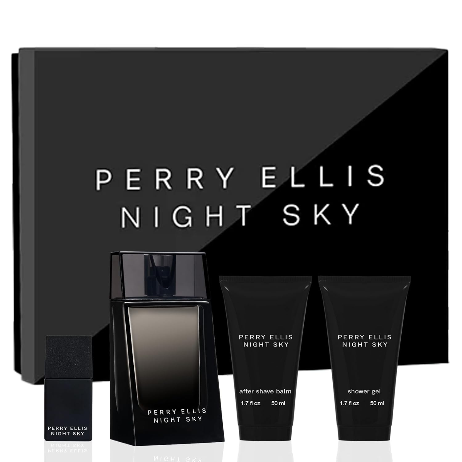Perry Ellis Night Sky 4-Piece Gift Set - Men Cologne Gift Set, Eau de Toilette, After Shave Balm, Shower Gel & Mini - 3.4 oz EDT, 0.25 oz Mini, 1.7 oz Balm, 1.7 oz Gel
