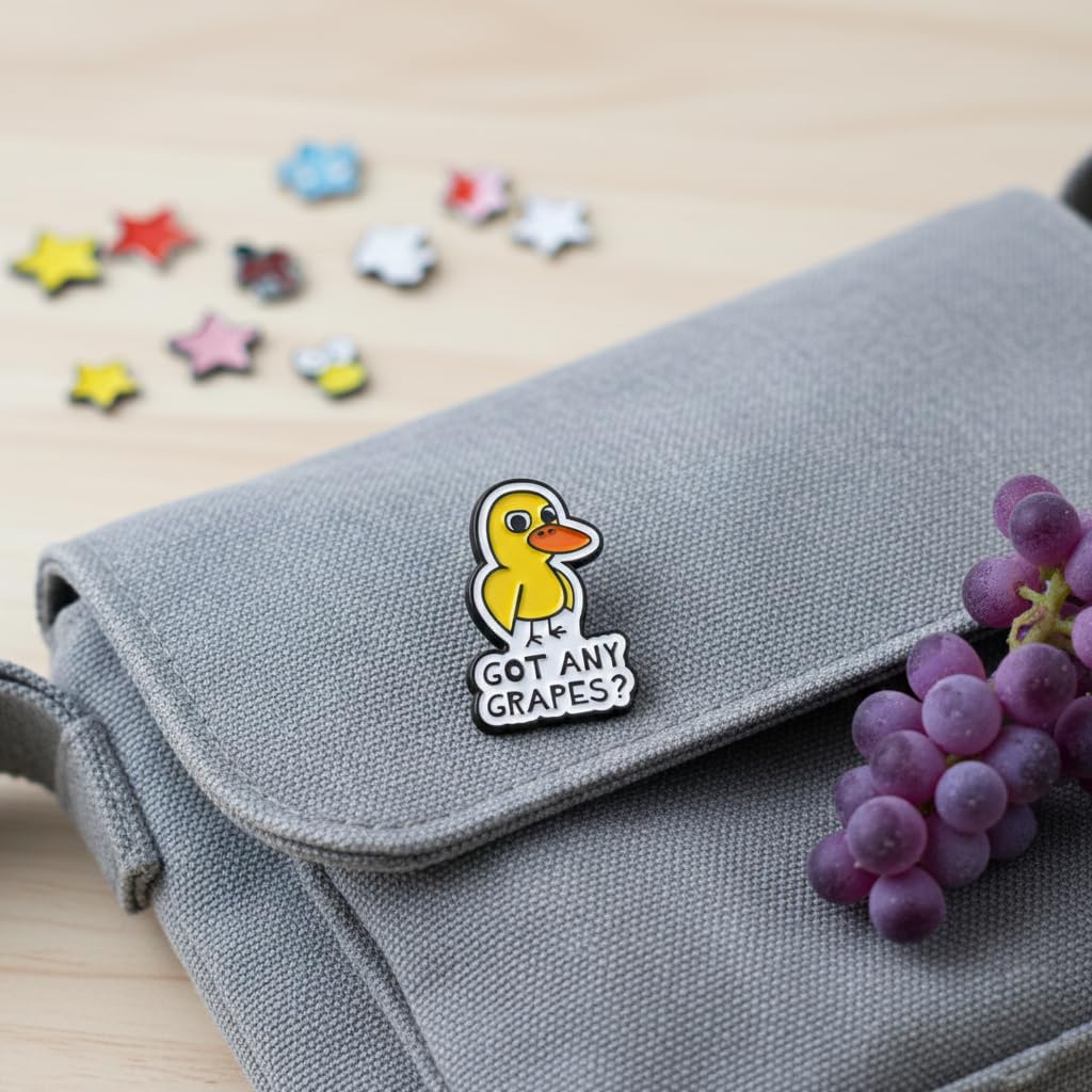 Funny Duck Pin - Sarcastic Duck Enamel Pins Brooch with "Got Any Grapes?" for Backpacks, Jackets, Hats. Humor Animal Brooches Gift for Friends, Women, Teens, Adults.