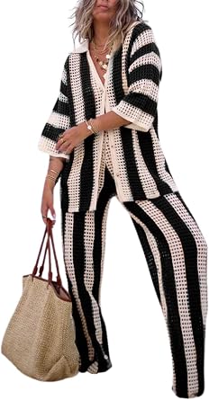 Women Cover Up Sets Button Up Tops with Pants Crochet Set Outfit 2 Piece Outfits Vacation Outfits