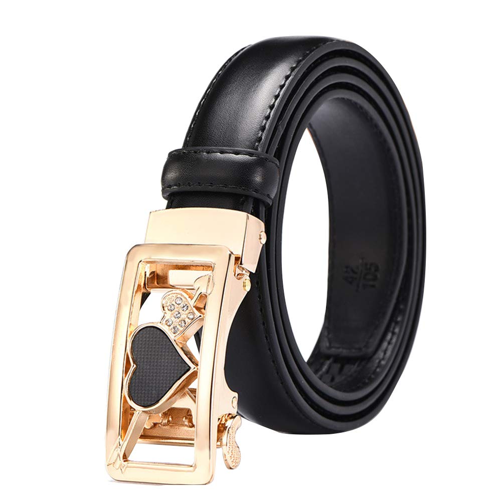 Ruluti Women's Black Leather Strap With Heart Buckle Casual Automatic Ratchet Buckle Belts With Adjustable
