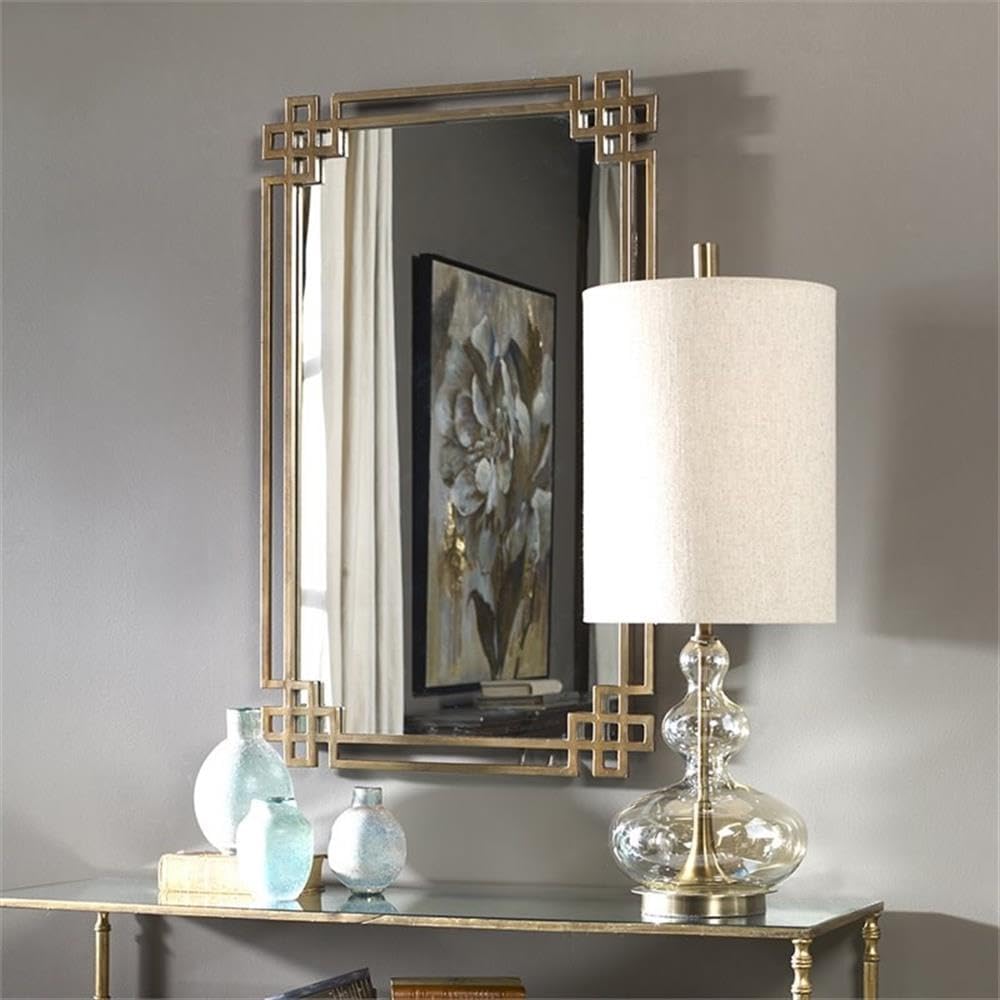 BOWERY HILL Metal Framed Glass Mirror, Antique Gold Finish, 36.63" H x 22.75" W x 1" D, Ornate Hand-Forged Design, Light Antiquing, Vertical or Horizontal Hanging, Accent Mirror for Indoor Use